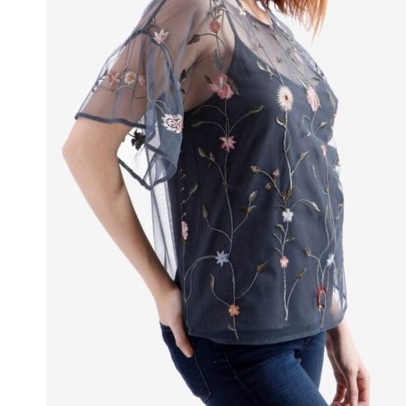 Lucky Brand Gray Mesh Floral Embroidered Top - Picture 3 of 6
